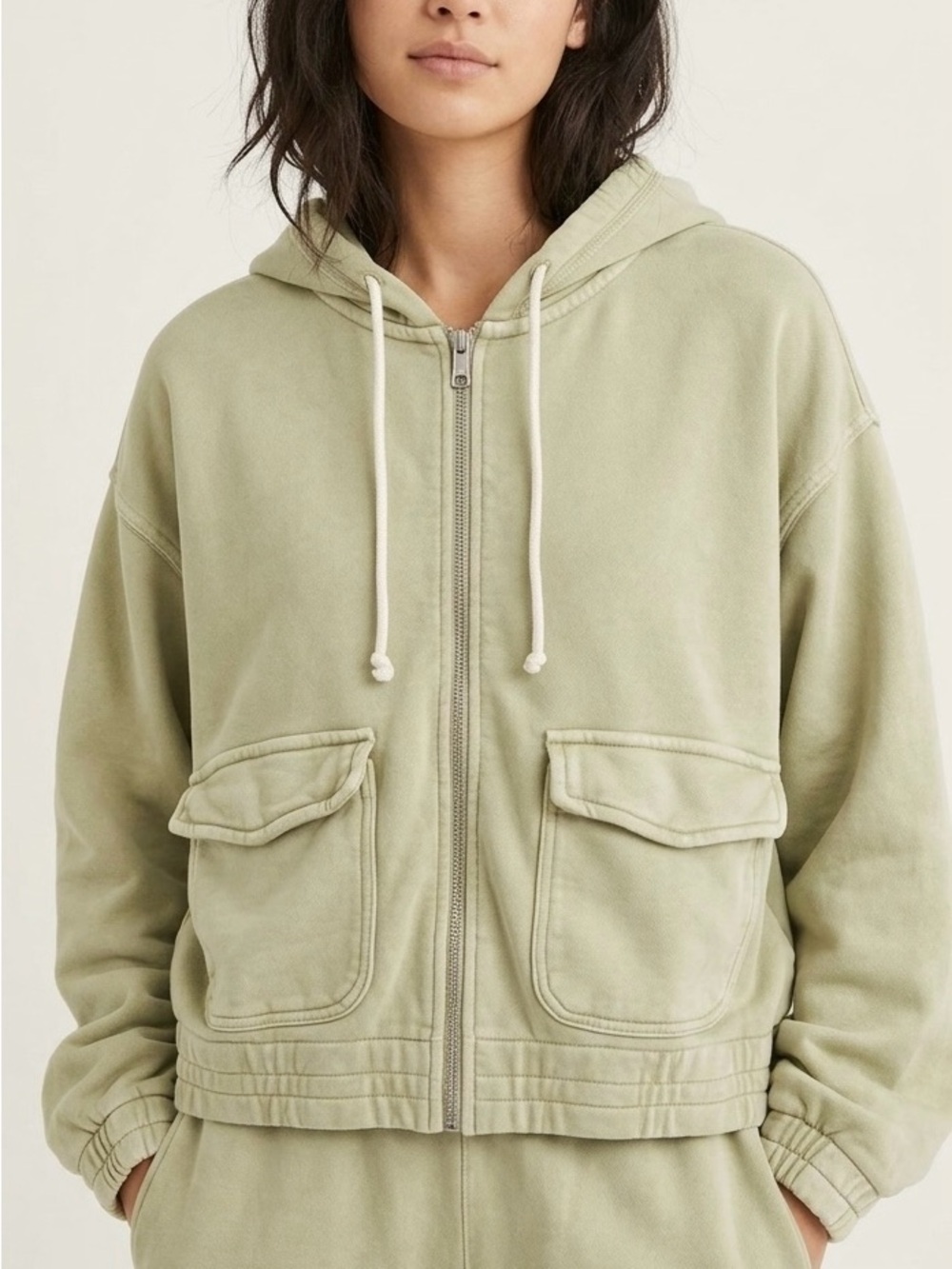Aerie Cropped Full Zip Hoodie Washed Sage Utility Chic Elevated Casual